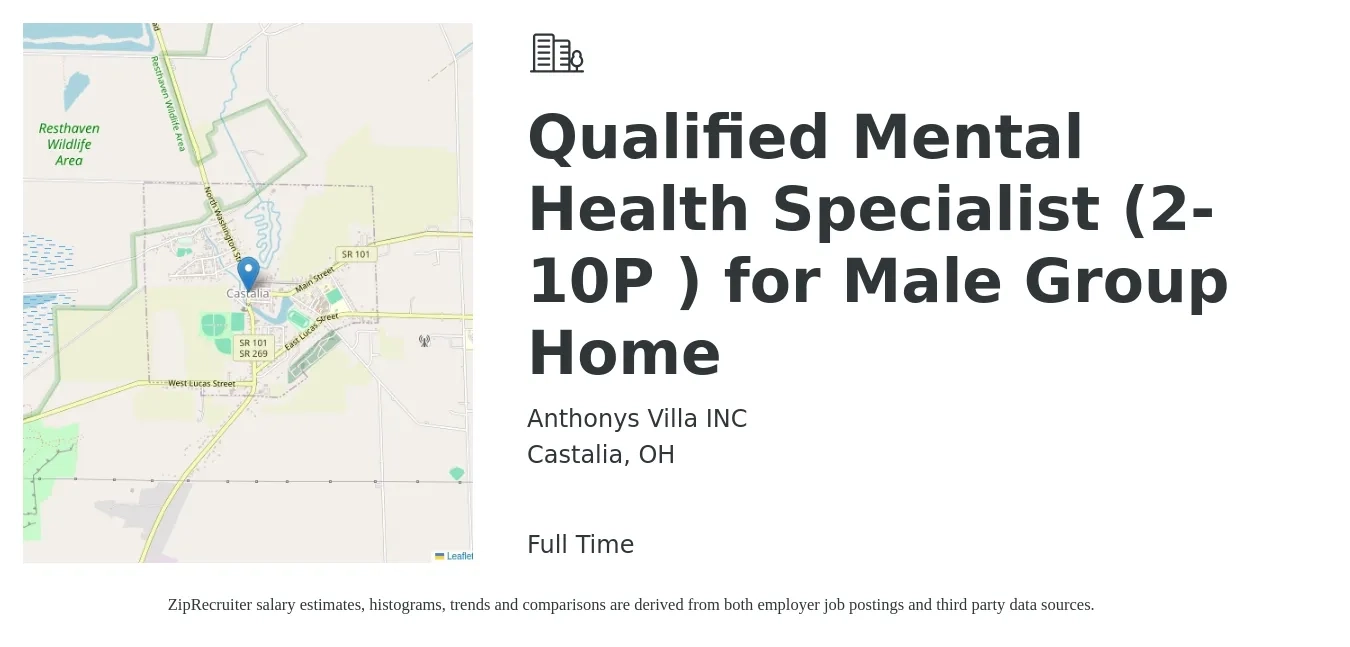 Anthonys Villa INC job posting for a Qualified Mental Health Specialist (2-10P ) for Male Group Home in Castalia, OH with a salary of $18 to $20 Hourly with a map of Castalia location.