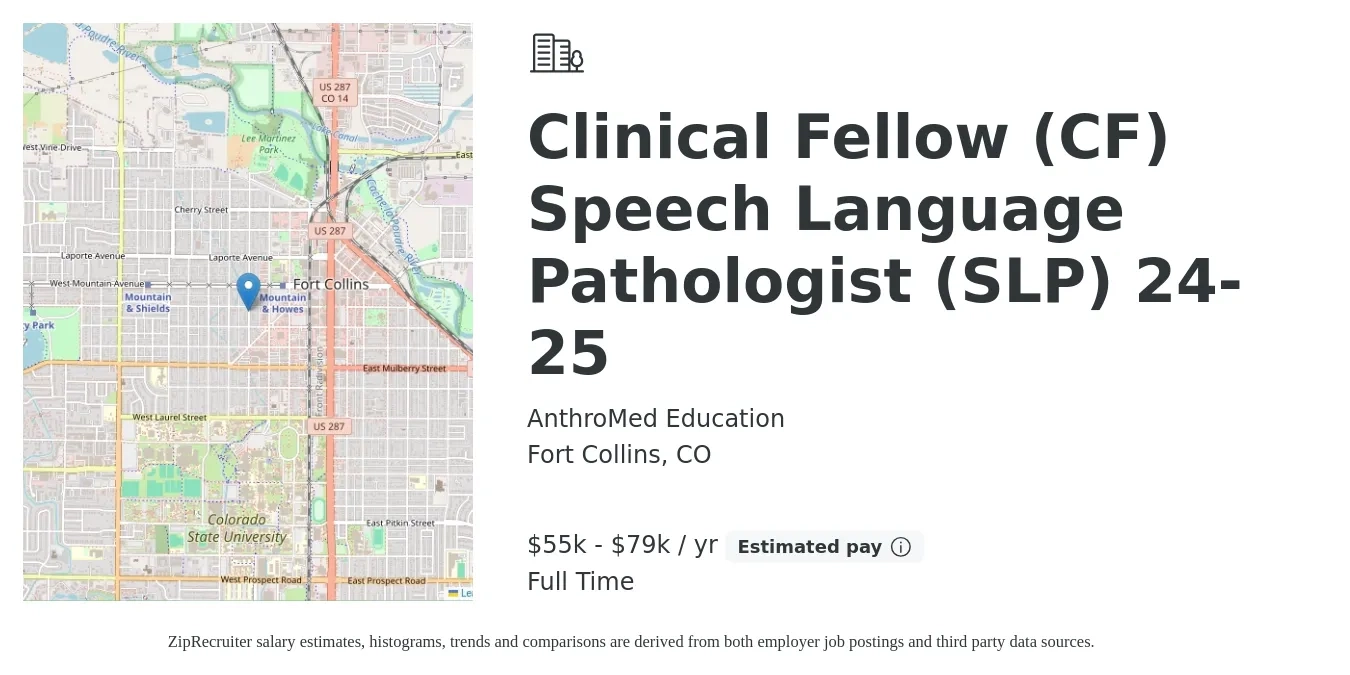 AnthroMed Education job posting for a Clinical Fellow (CF) Speech Language Pathologist (SLP) 24-25 in Fort Collins, CO with a salary of $55,000 to $79,000 Yearly with a map of Fort Collins location.
