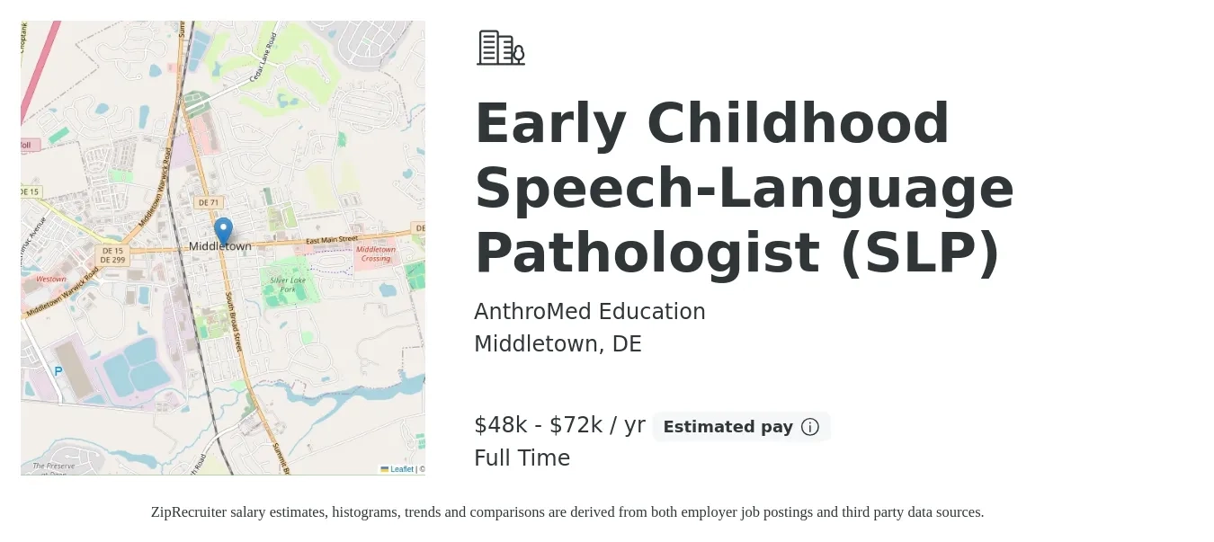 AnthroMed Education job posting for a Early Childhood Speech-Language Pathologist (SLP) in Middletown, DE with a salary of $48,910 to $72,910 Yearly with a map of Middletown location.