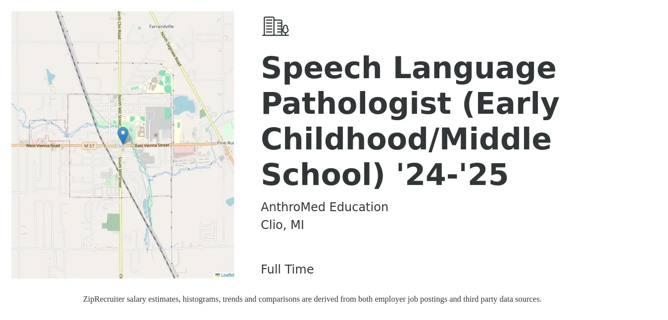AnthroMed Education job posting for a Speech Language Pathologist (Early Childhood/Middle School) '24-'25 in Clio, MI with a salary of $50,000 to $75,000 Yearly with a map of Clio location.