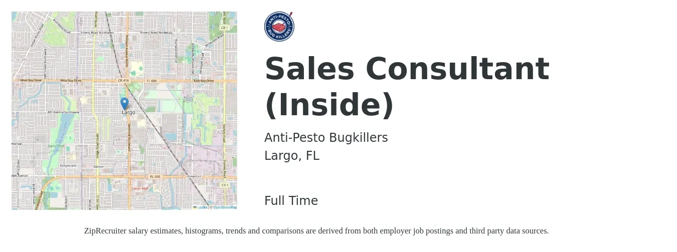 Anti-Pesto Bugkillers job posting for a Sales Consultant (Inside) in Largo, FL with a salary of $42,000 to $52,000 Yearly with a map of Largo location.