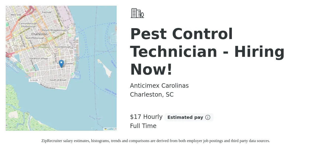 Anticimex Carolinas job posting for a Pest Control Technician - Hiring Now! in Charleston, SC with a salary of $17 Hourly with a map of Charleston location.