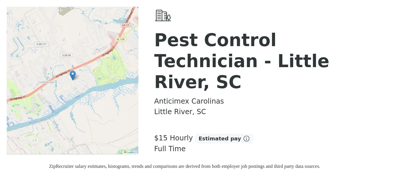 Anticimex Carolinas job posting for a Pest Control Technician - Little River, SC in Little River, SC with a salary of $16 Hourly with a map of Little River location.
