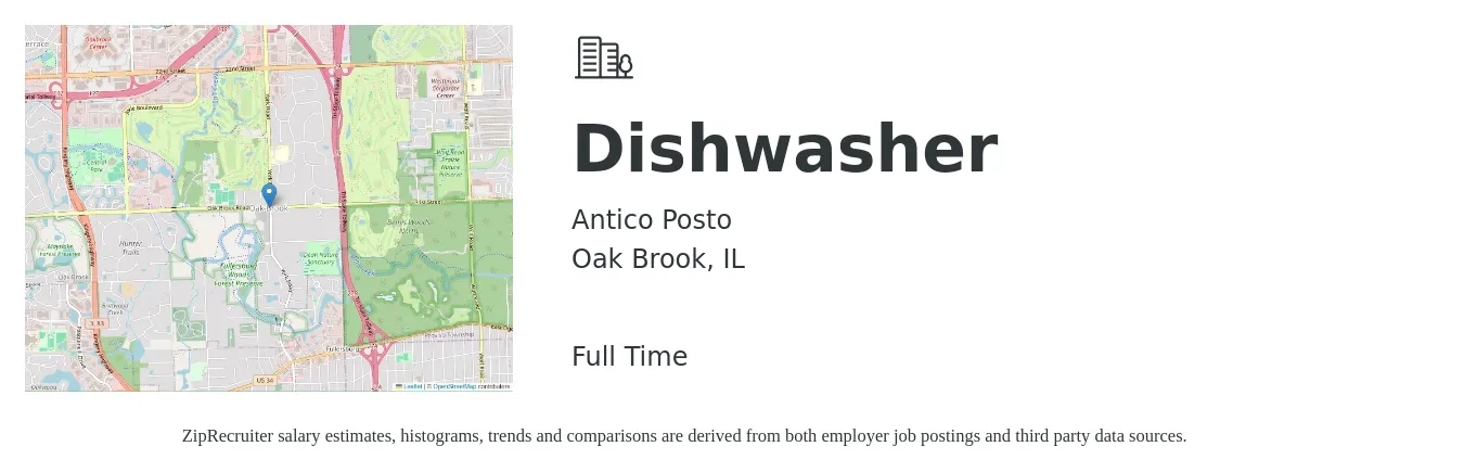Antico Posto job posting for a Dishwasher in Oak Brook, IL with a salary of $13 to $17 Hourly with a map of Oak Brook location.
