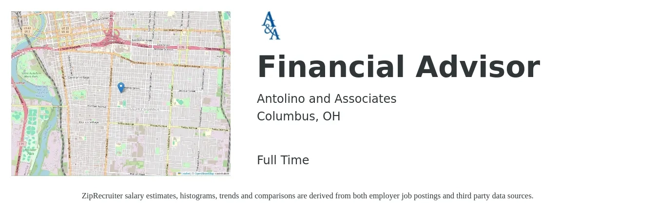 Antolino and Associates job posting for a Financial Advisor in Columbus, OH with a salary of $80,000 to $100,000 Yearly with a map of Columbus location.