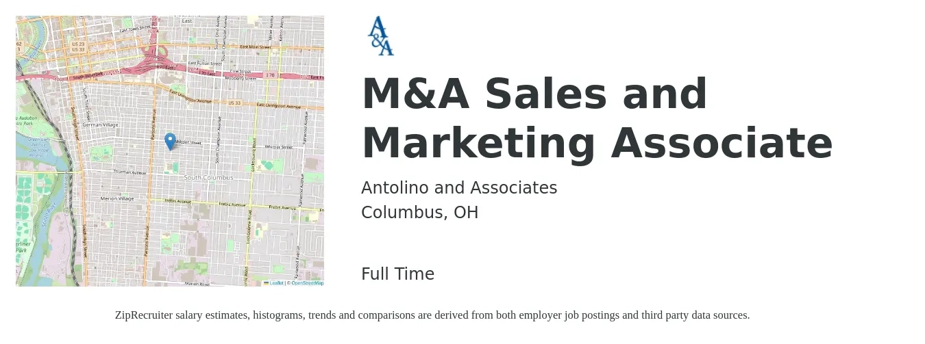 Antolino and Associates job posting for a M&A Sales and Marketing Associate in Columbus, OH with a salary of $39,600 to $53,100 Yearly with a map of Columbus location.