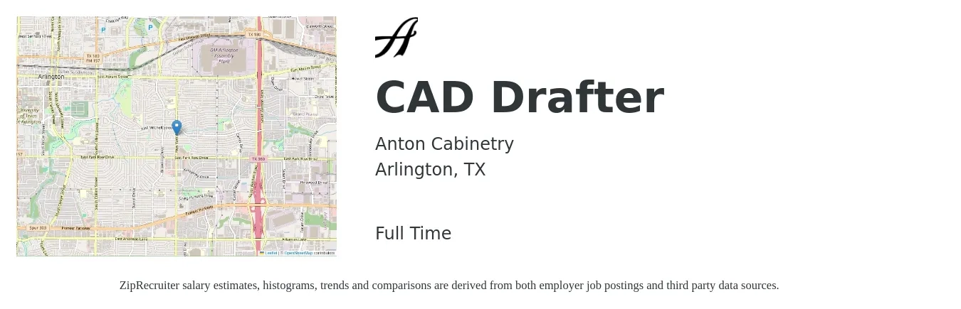 Anton Cabinetry job posting for a CAD Drafter in Arlington, TX with a salary of $20 to $27 Hourly with a map of Arlington location.