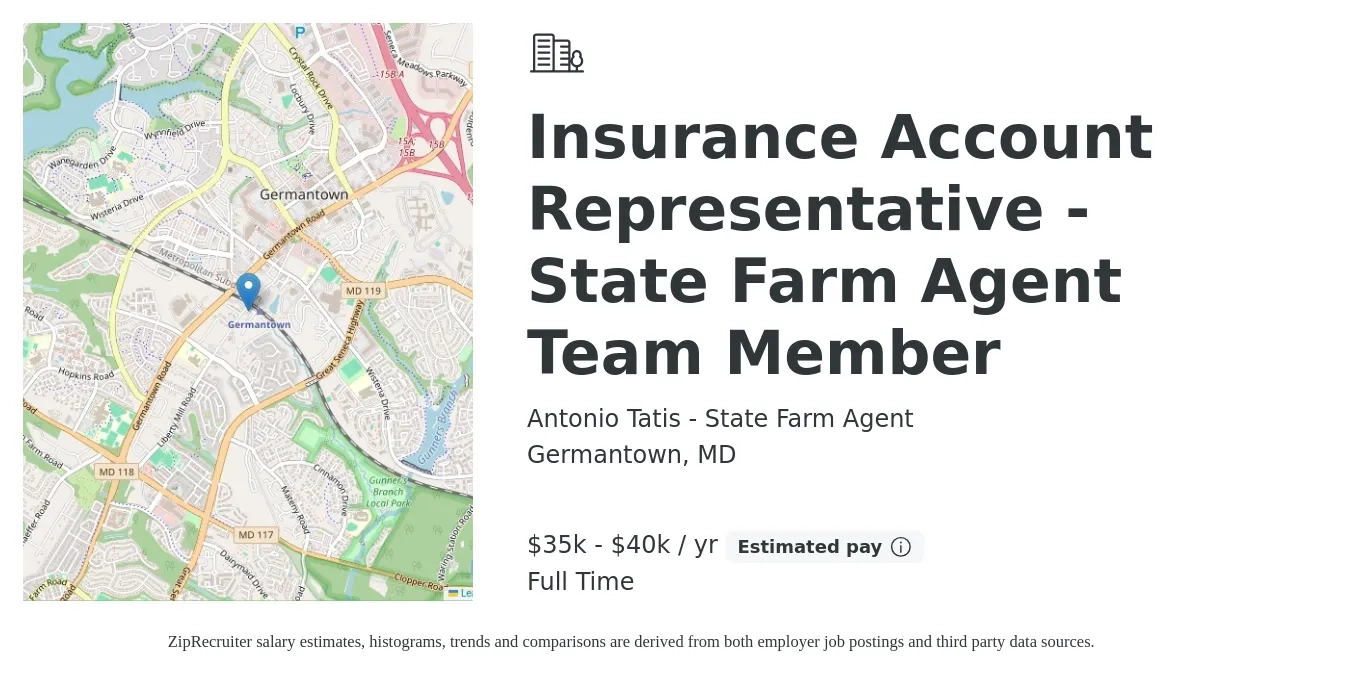 Antonio Tatis - State Farm Agent job posting for a Insurance Account Representative - State Farm Agent Team Member in Germantown, MD with a salary of $50,000 to $75,000 Yearly with a map of Germantown location.