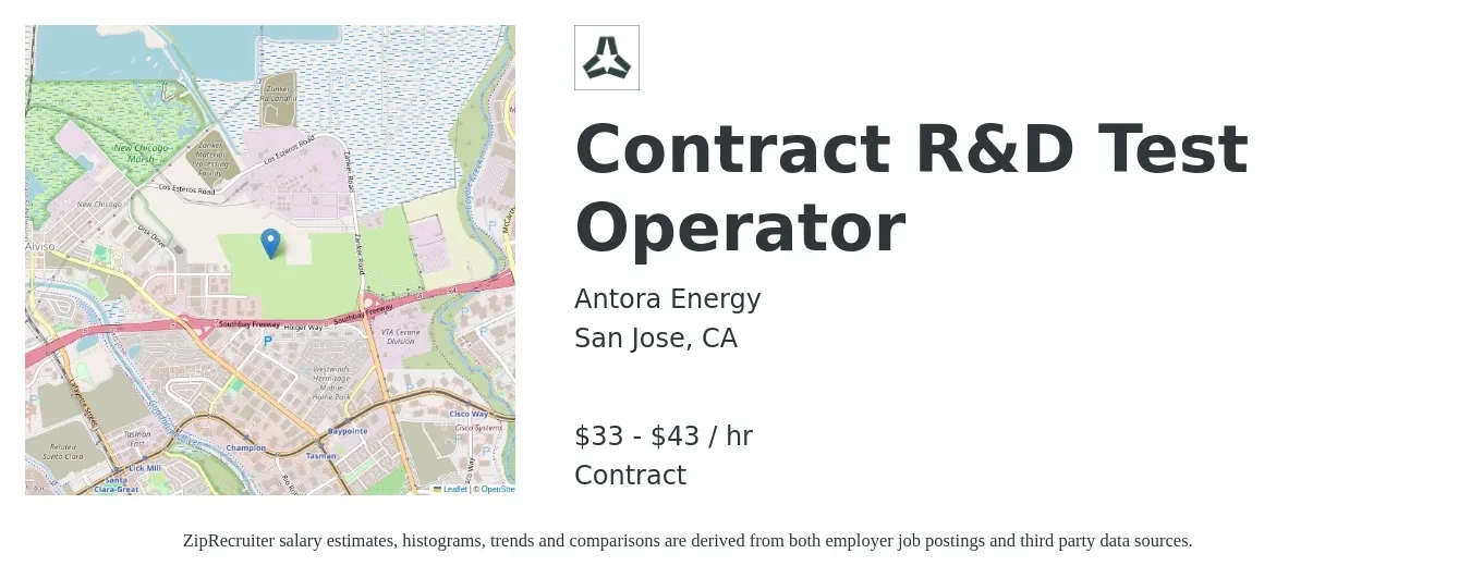 Antora Energy job posting for a Contract R&D Test Operator in San Jose, CA with a salary of $35 to $45 Hourly with a map of San Jose location.