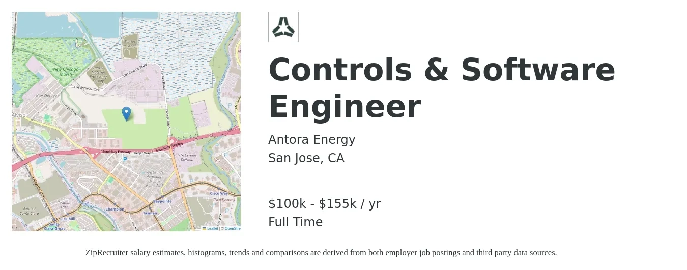 Antora Energy job posting for a Controls & Software Engineer in San Jose, CA with a salary of $100,000 to $155,000 Yearly with a map of San Jose location.