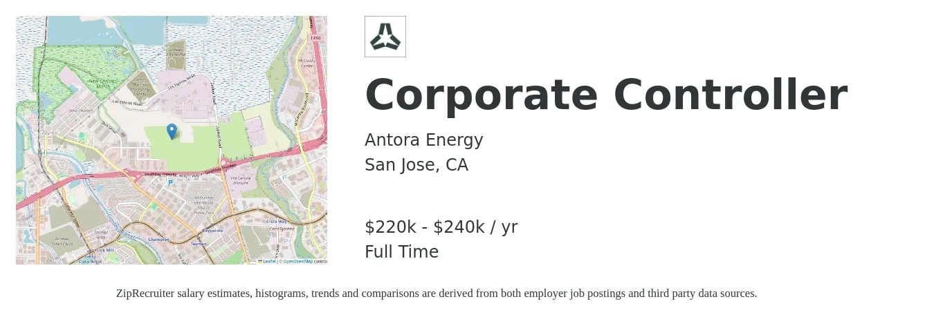 Antora Energy job posting for a Corporate Controller in San Jose, CA with a salary of $220,000 to $240,000 Yearly with a map of San Jose location.