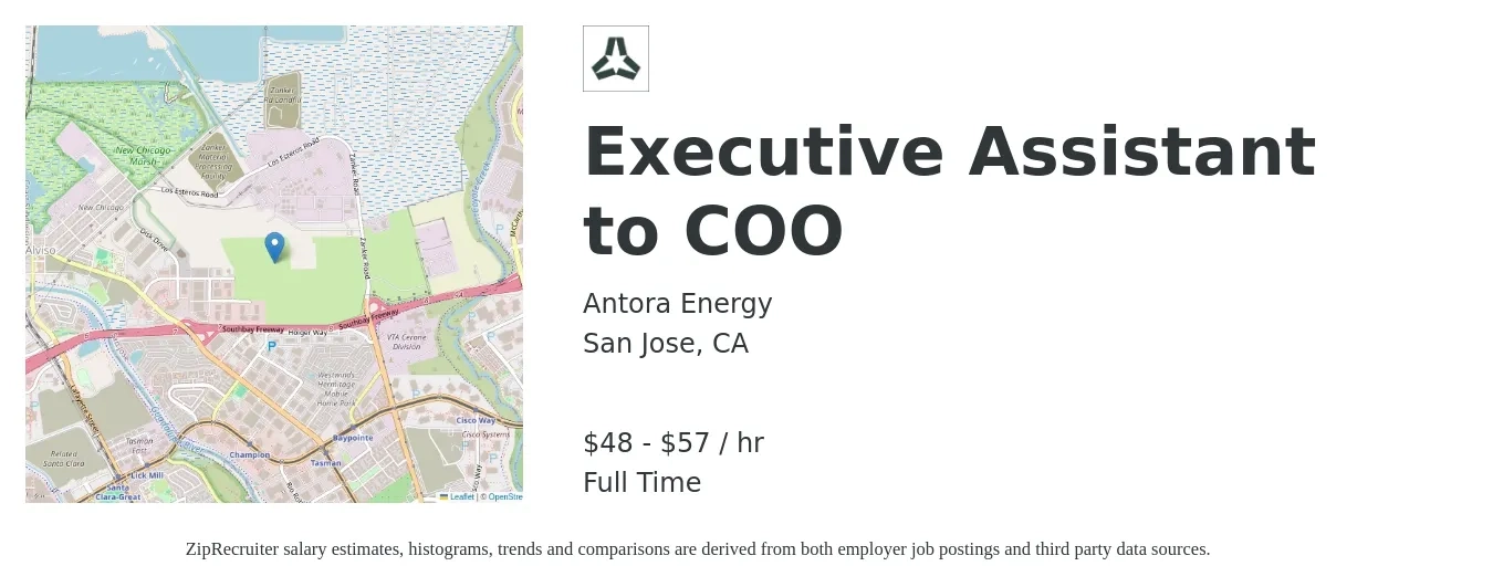 Antora Energy job posting for a Executive Assistant to COO in San Jose, CA with a salary of $50 to $60 Hourly with a map of San Jose location.