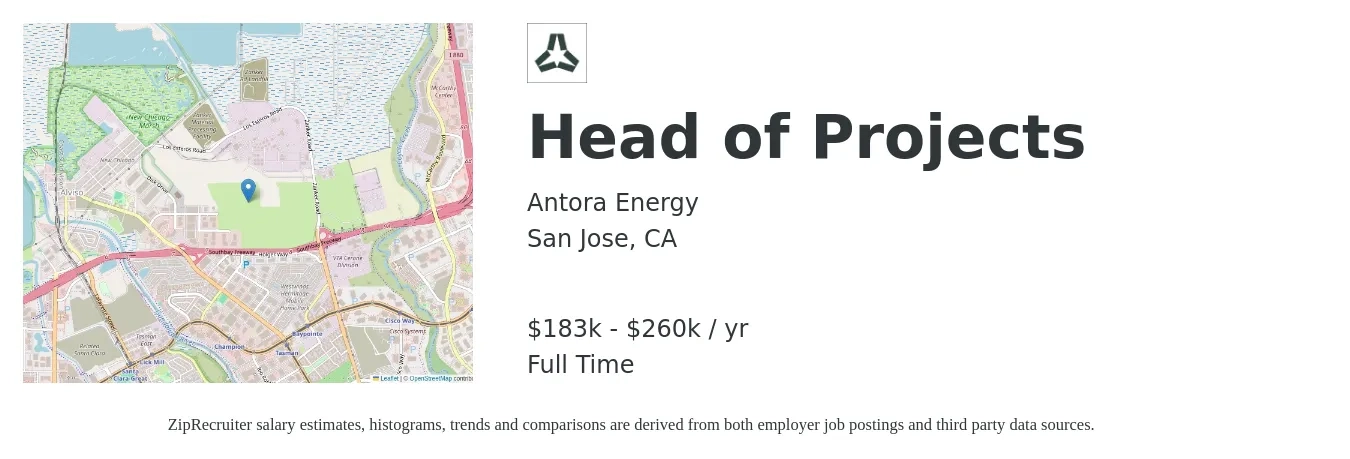 Antora Energy job posting for a Head of Projects in San Jose, CA with a salary of $183,000 to $260,000 Yearly with a map of San Jose location.