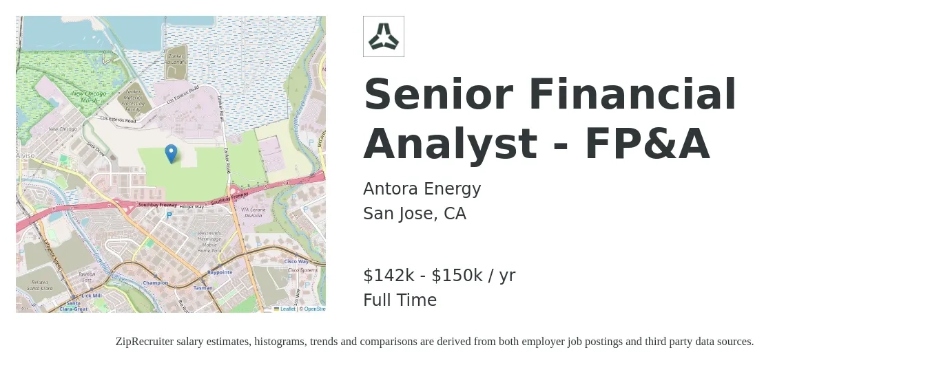 Antora Energy job posting for a Senior Financial Analyst - FP&A in San Jose, CA with a salary of $142,000 to $150,000 Yearly with a map of San Jose location.