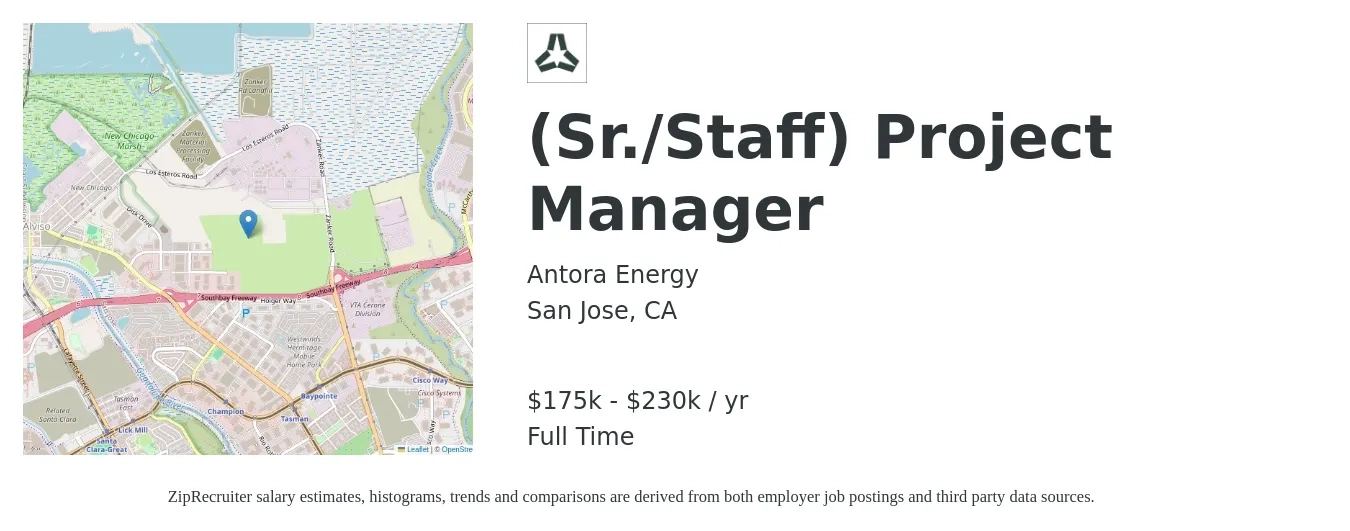 Antora Energy job posting for a (Sr./Staff) Project Manager in San Jose, CA with a salary of $175,000 to $230,000 Yearly with a map of San Jose location.