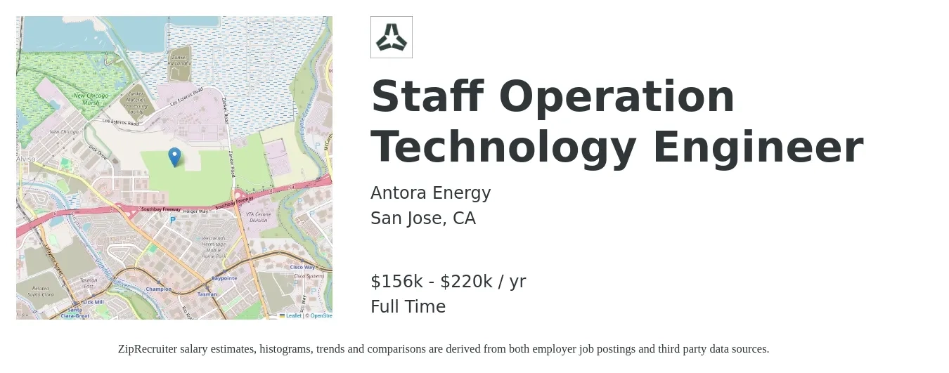 Antora Energy job posting for a Staff Operation Technology Engineer in San Jose, CA with a salary of $156,000 to $220,000 Yearly with a map of San Jose location.