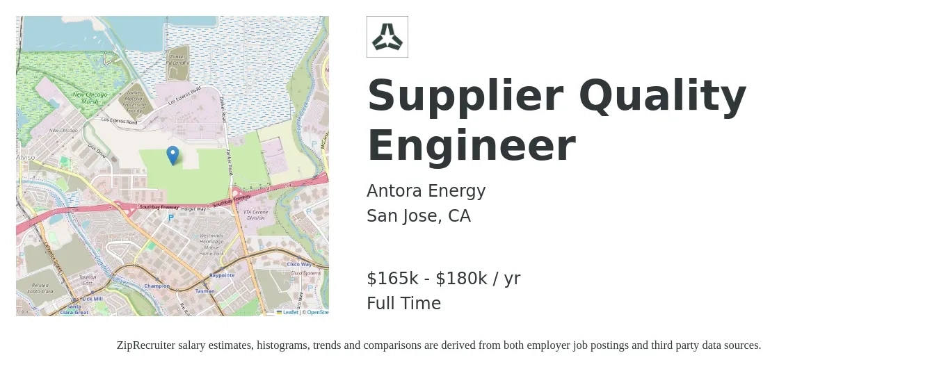 Antora Energy job posting for a Supplier Quality Engineer in San Jose, CA with a salary of $165,000 to $180,000 Yearly with a map of San Jose location.