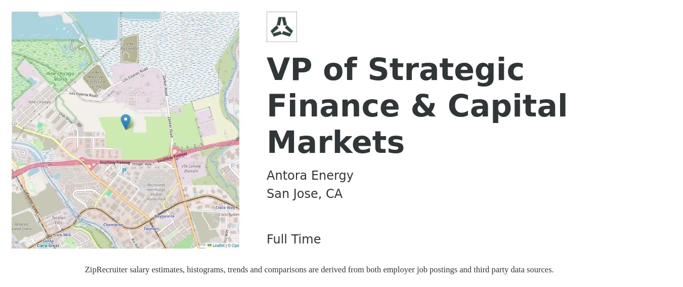 Antora Energy job posting for a VP of Strategic Finance & Capital Markets in San Jose, CA with a salary of $160,000 to $232,600 Yearly with a map of San Jose location.