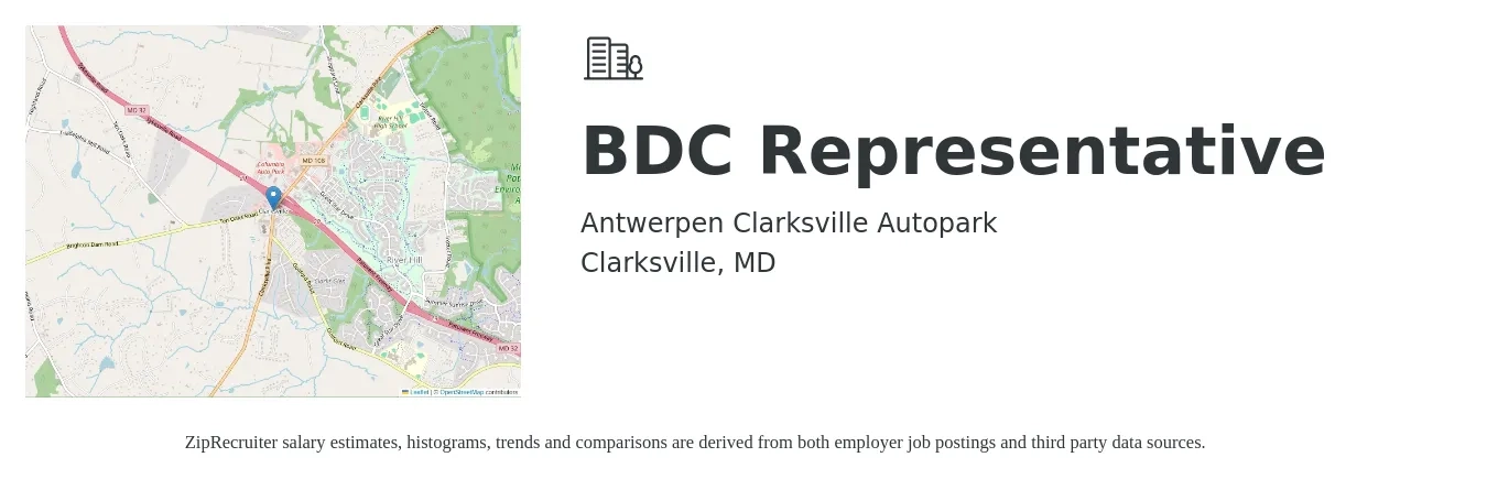 Antwerpen Clarksville Autopark job posting for a BDC Representative in Clarksville, MD with a salary of $15 to $20 Hourly with a map of Clarksville location.