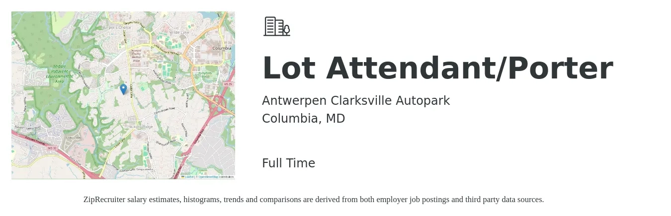 Antwerpen Clarksville Autopark job posting for a Lot Attendant/Porter in Columbia, MD with a salary of $15 to $17 Hourly with a map of Columbia location.