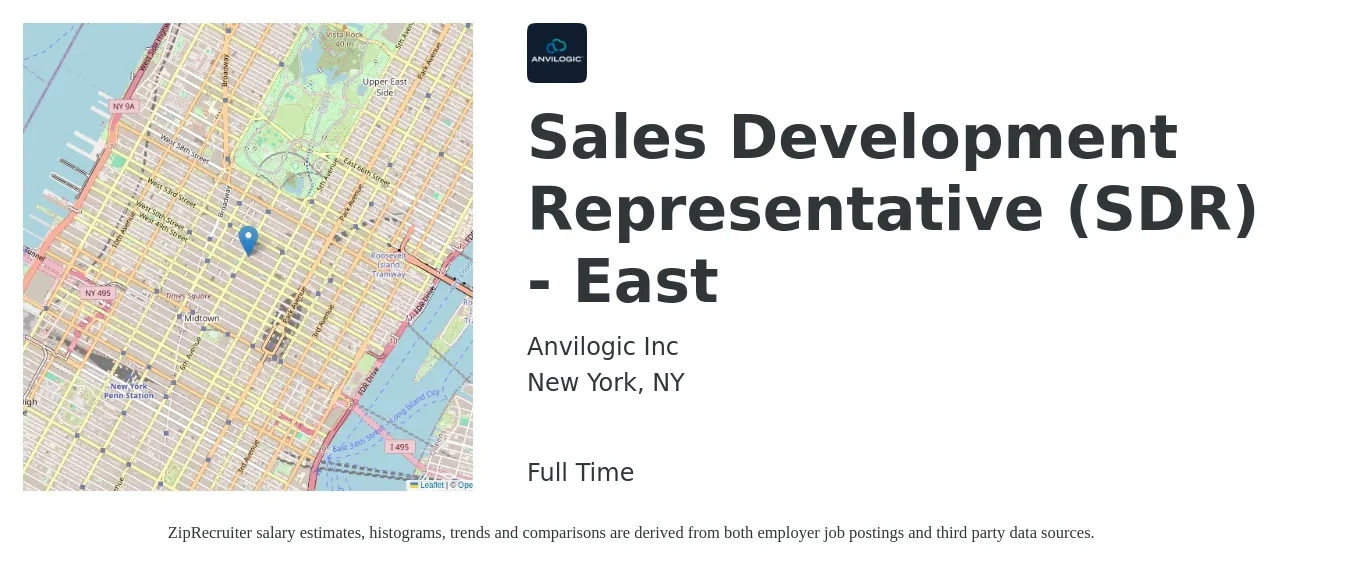 Anvilogic Inc job posting for a Sales Development Representative (SDR) - East in New York, NY with a salary of $45,900 to $66,700 Yearly with a map of New York location.