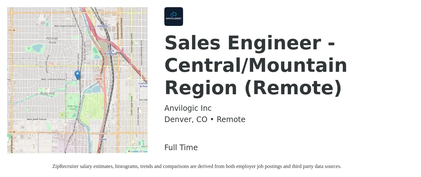 Anvilogic Inc job posting for a Sales Engineer - Central/Mountain Region (Remote) in Denver, CO with a salary of $77,200 to $115,800 Yearly with a map of Denver location.