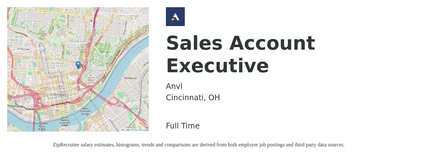 Anvl job posting for a Sales Account Executive in Cincinnati, OH with a salary of $51,300 to $80,600 Yearly with a map of Cincinnati location.