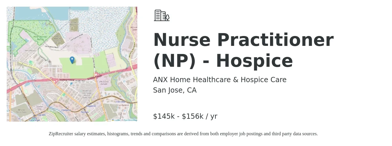 ANX Home Healthcare & Hospice Care job posting for a Nurse Practitioner (NP) - Hospice in San Jose, CA with a salary of $145,600 to $156,000 Yearly with a map of San Jose location.