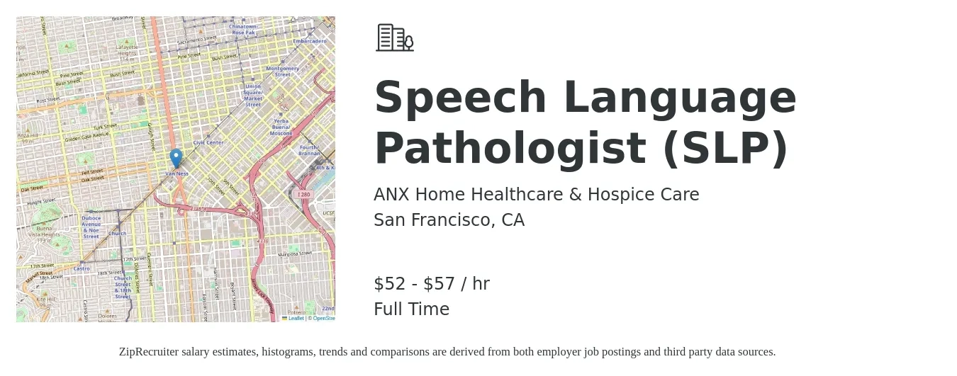 ANX Home Healthcare & Hospice Care job posting for a Speech Language Pathologist (SLP) in San Francisco, CA with a salary of $55 to $60 Hourly with a map of San Francisco location.