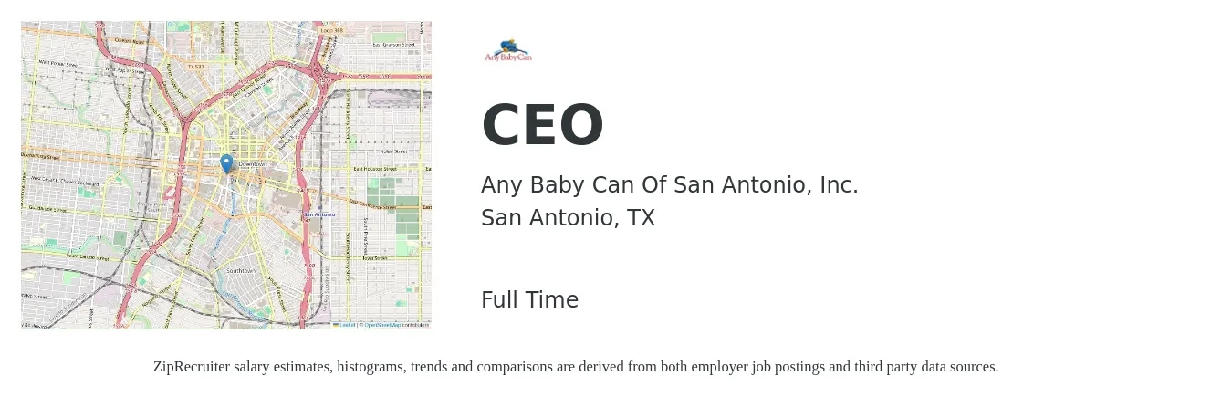 Any Baby Can Of San Antonio, Inc. job posting for a CEO in San Antonio, TX with a salary of $97,900 to $144,300 Yearly with a map of San Antonio location.