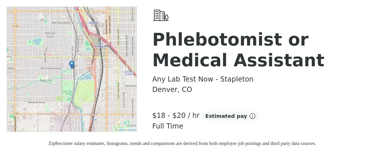 Any Lab Test Now - Stapleton job posting for a Phlebotomist or Medical Assistant in Denver, CO with a salary of $19 to $21 Hourly with a map of Denver location.
