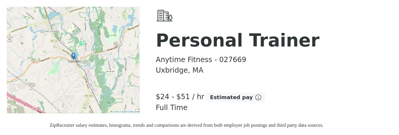 Anytime Fitness - 027669 job posting for a Personal Trainer in Uxbridge, MA with a salary of $25 to $54 Hourly with a map of Uxbridge location.