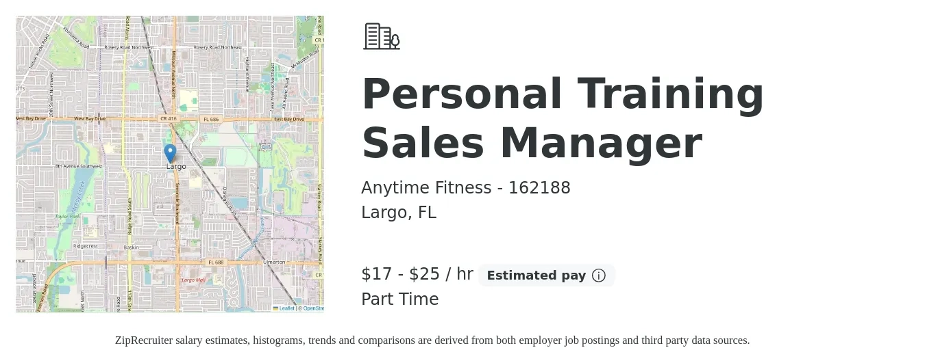 Anytime Fitness - 162188 job posting for a Personal Training Sales Manager in Largo, FL with a salary of $18 to $27 Hourly with a map of Largo location.
