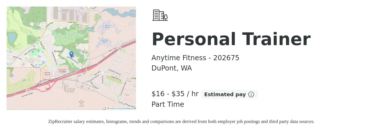 Anytime Fitness - 202675 job posting for a Personal Trainer in DuPont, WA with a salary of $17 to $37 Hourly with a map of DuPont location.