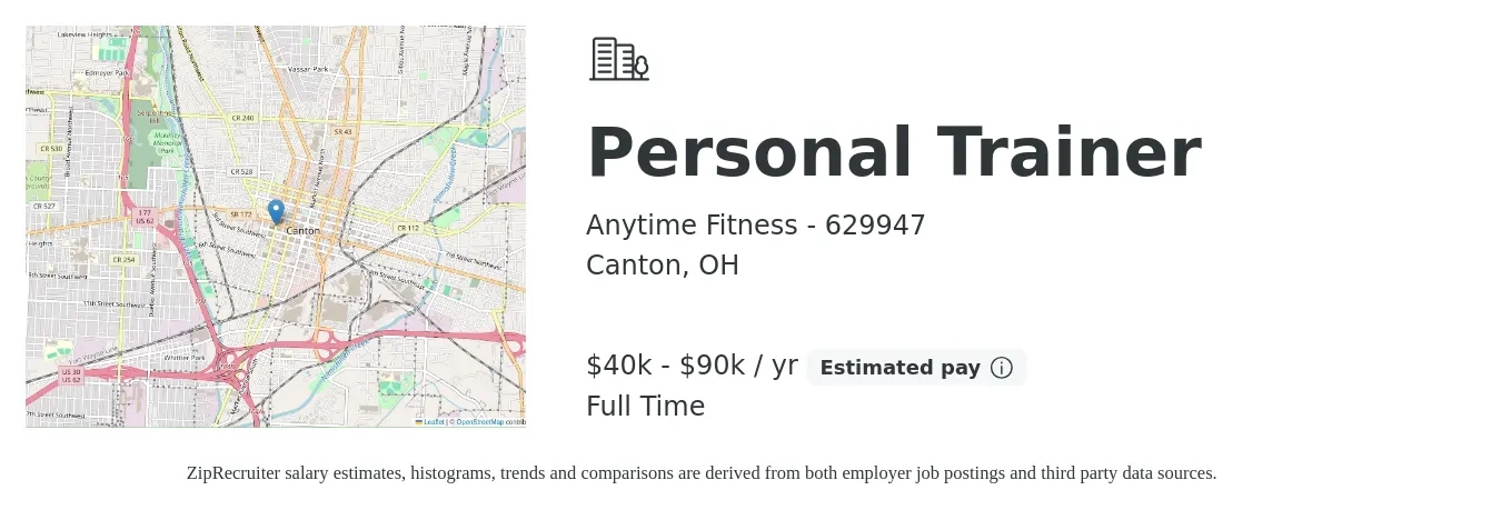 Anytime Fitness - 629947 job posting for a Personal Trainer in Canton, OH with a salary of $40,000 to $90,000 Yearly with a map of Canton location.