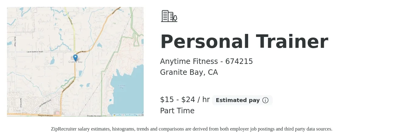 Anytime Fitness - 674215 job posting for a Personal Trainer in Granite Bay, CA with a salary of $16 to $25 Hourly with a map of Granite Bay location.