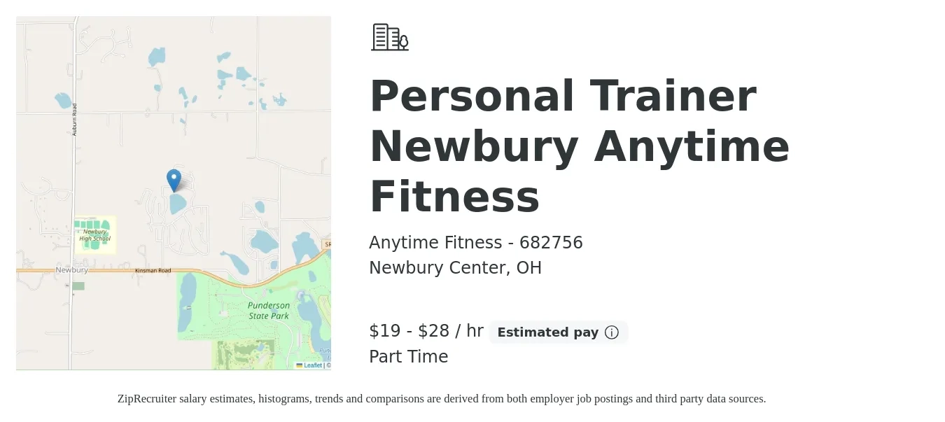 Anytime Fitness - 682756 job posting for a Personal Trainer Newbury Anytime Fitness in Newbury Center, OH with a salary of $20 to $30 Hourly with a map of Newbury Center location.