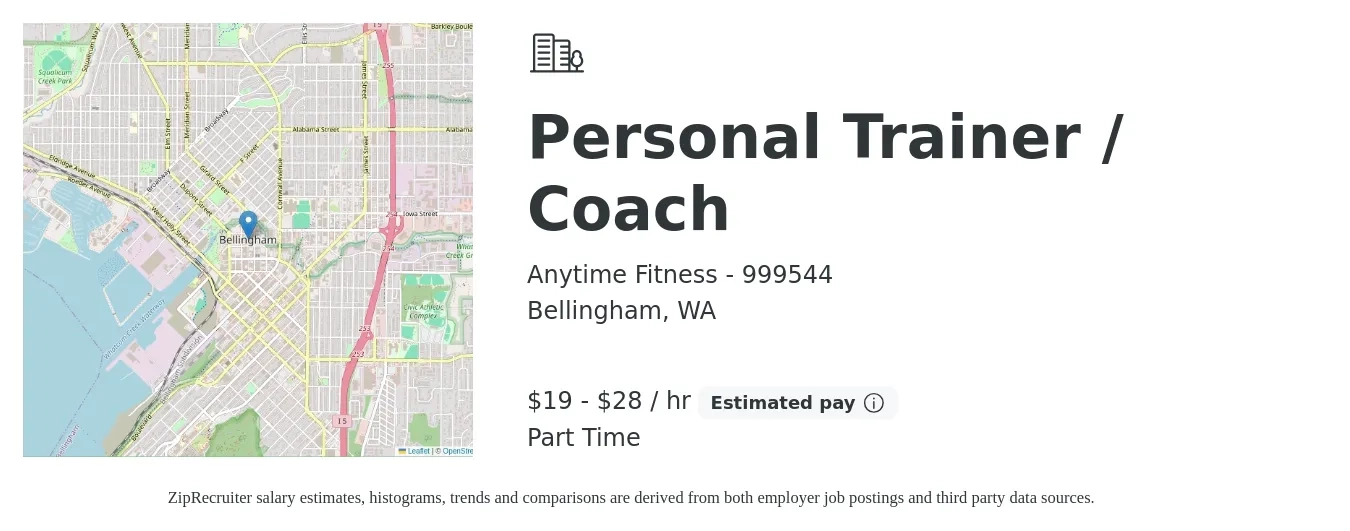 Anytime Fitness - 999544 job posting for a Personal Trainer / Coach in Bellingham, WA with a salary of $40,000 to $60,000 Yearly with a map of Bellingham location.
