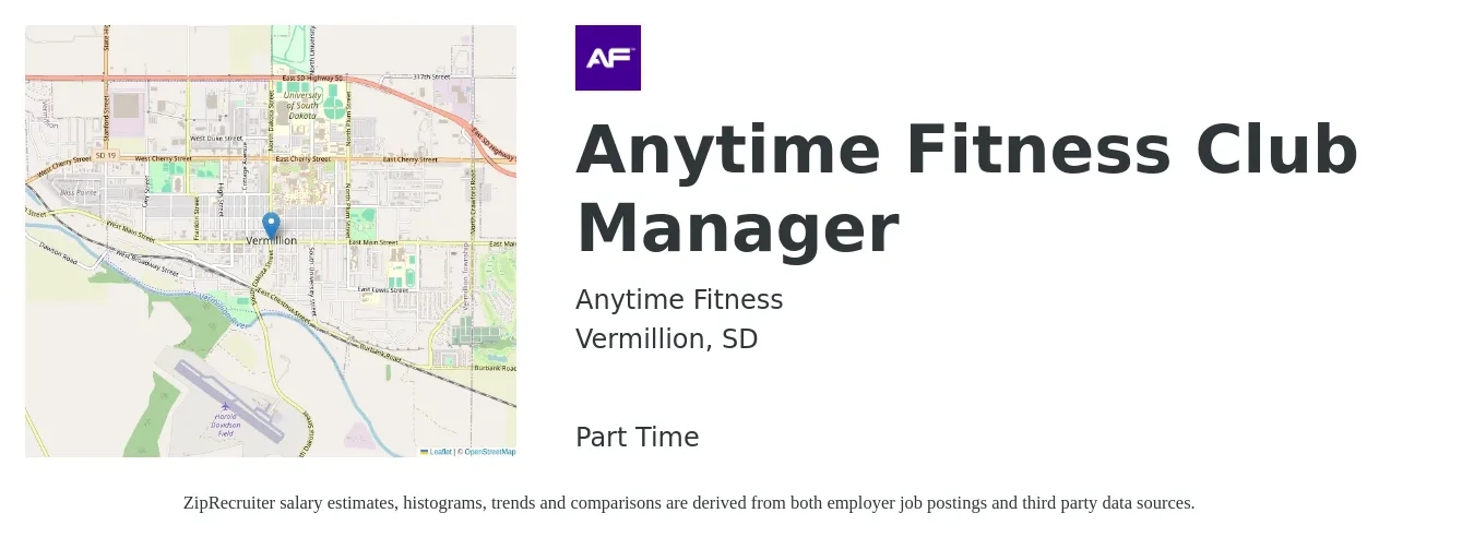 Anytime Fitness job posting for a Anytime Fitness Club Manager in Vermillion, SD with a salary of $36,900 to $58,300 Yearly with a map of Vermillion location.