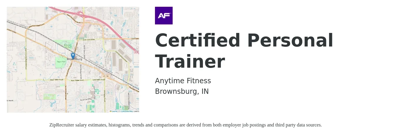Anytime Fitness job posting for a Certified Personal Trainer in Brownsburg, IN with a salary of $18 to $30 Hourly with a map of Brownsburg location.