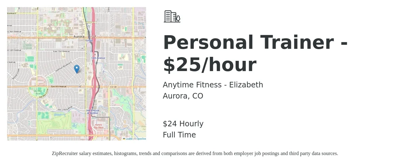 Anytime Fitness - Elizabeth job posting for a Personal Trainer - $25/hour in Aurora, CO with a salary of $25 Hourly with a map of Aurora location.