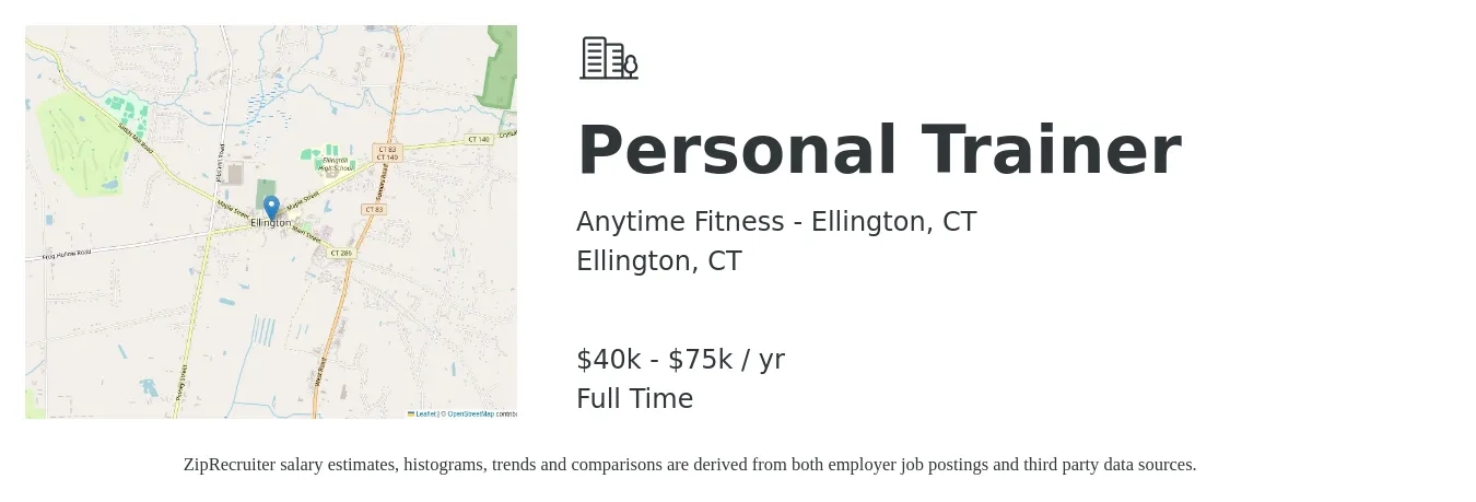 Anytime Fitness - Ellington, CT job posting for a Personal Trainer in Ellington, CT with a salary of $40,000 to $75,000 Yearly with a map of Ellington location.