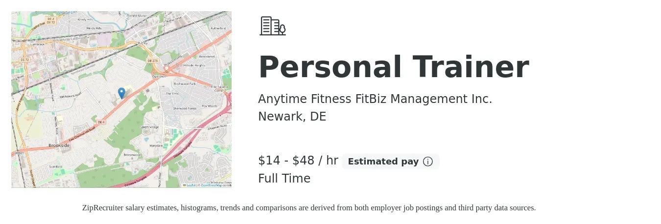 Anytime Fitness FitBiz Management Inc. job posting for a Personal Trainer in Newark, DE with a salary of $15 to $50 Hourly with a map of Newark location.