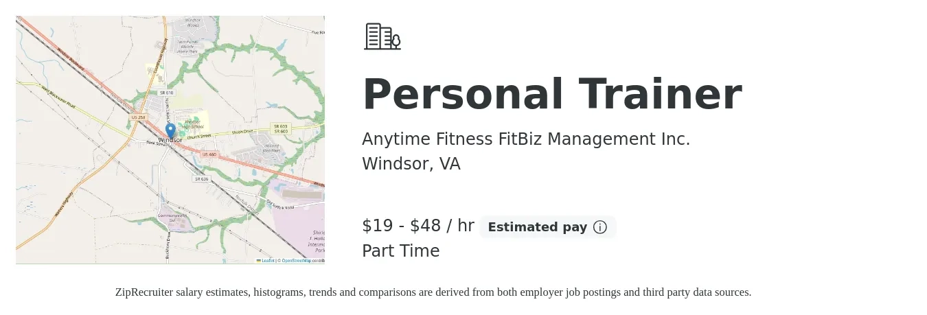 Anytime Fitness FitBiz Management Inc. job posting for a Personal Trainer in Windsor, VA with a salary of $20 to $50 Hourly with a map of Windsor location.