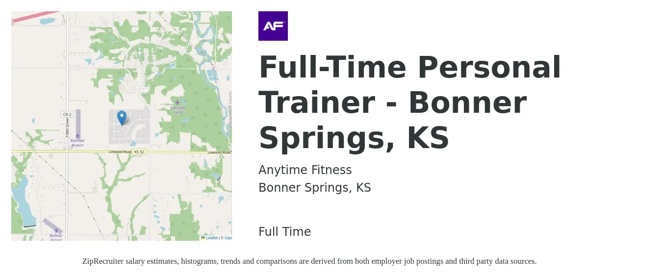 Anytime Fitness job posting for a Full-Time Personal Trainer - Bonner Springs, KS in Bonner Springs, KS with a salary of $20 to $32 Hourly with a map of Bonner Springs location.