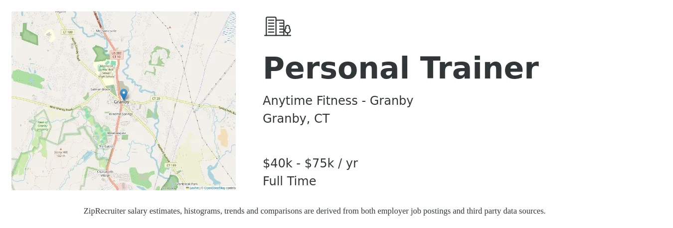 Anytime Fitness - Granby job posting for a Personal Trainer in Granby, CT with a salary of $40,000 to $75,000 Yearly with a map of Granby location.
