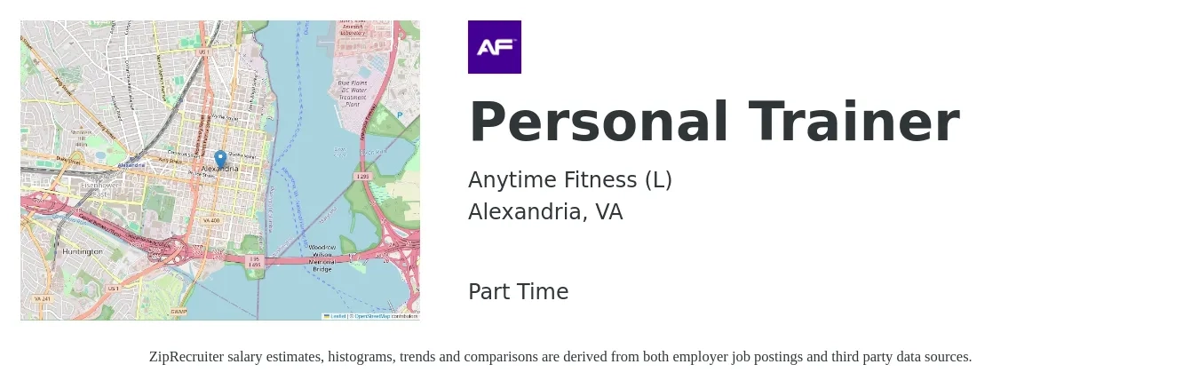 Anytime Fitness (L) job posting for a Personal Trainer in Alexandria, VA with a salary of $30 Hourly with a map of Alexandria location.