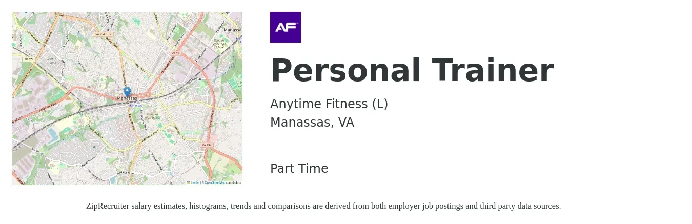Anytime Fitness (L) job posting for a Personal Trainer in Manassas, VA with a salary of $30 Hourly with a map of Manassas location.