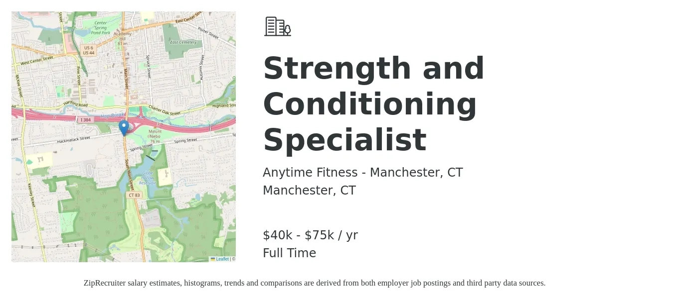 Anytime Fitness - Manchester, CT job posting for a Strength and Conditioning Specialist in Manchester, CT with a salary of $40,000 to $75,000 Yearly with a map of Manchester location.