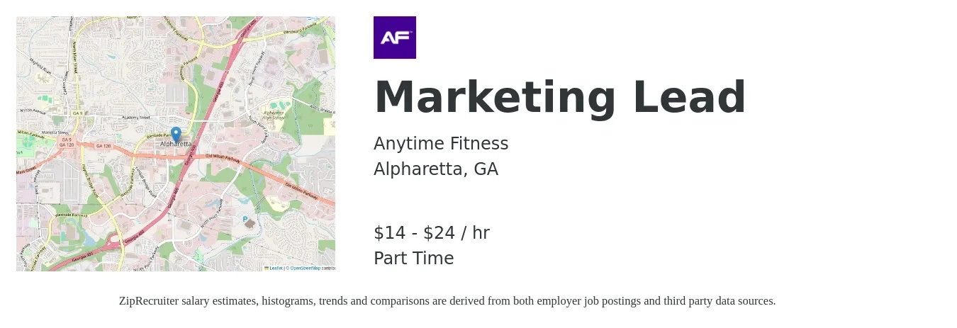 Anytime Fitness job posting for a Marketing Lead in Alpharetta, GA with a salary of $15 to $25 Hourly with a map of Alpharetta location.